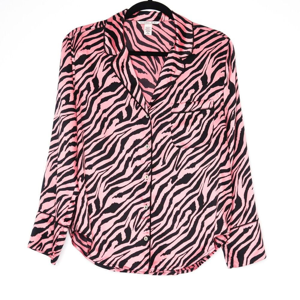 Victoria's Secret Womens Pajama Top Size Medium Pink Black Tiger Satin Button Up